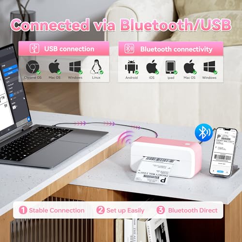undefined Bluetooth Shipping Label Printer, 4x6 Thermal Label Printer for Shipping Packages & Small Business, Compatible with IOS, Android, Windows and Mac, Widely Used for Ebay, Shopify, Amazon, Etsy (Pink) の商品画像 1