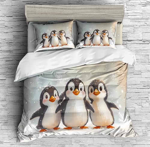 REALIN Cute Penguin Ice Skaters Duvet Cover Set Snow Penguins Arctic Animal Bedding Girl Boy Kids Bed Sets 3/4PCS Quilt Covers/Sheets/Pillow Shams,Twin/Full/Queen/King (A,Full-200x229cm-3PCS)