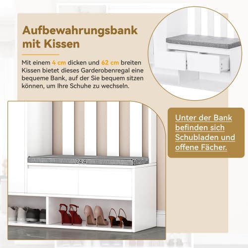Flurgarderobe Garderobenset Garderobe Stecktafel mit Sitzbank & Stecktafel - Weiß, Schuhschrank Multifunktional mit 4 Haken & gepolsterter Bank, schmale 100 cm Breite für Eingangsbereich & Waschküche