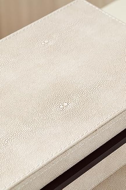 Ivory Shagreen Decorative Boxes with Lids Set of 3 - Large Leather Stacking Storage Boxes for Home Decor, Black Metal Handle Remote Control Box, Modern Jewelry Box for Shelves, Coffee Table