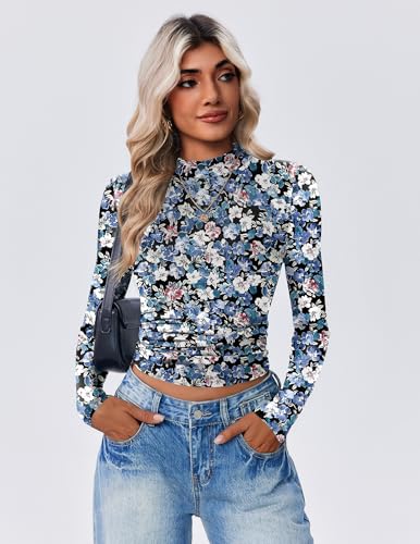 Zeagoo Womens Floral Mesh Long Sleeve Tops See Through Going Out Blouses Mock Neck Sheer Party Outfits Shirts S-XXL