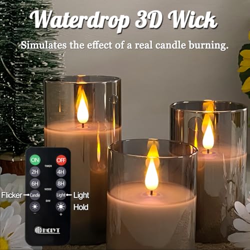 Image of LEDHOLYT Rechargeable Flameless Grey Glass Candles-Gifts for Women,-Set of 3, Realistic Flickering LED Light,Remote & Timer, Ideal for Living Room, Bedroom & Festival Home Party Decor