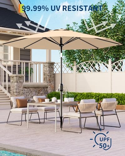 9 Ft Patio Umbrella with Solar Lights, Outdoor Table Umbrella with 32 LED Lights & Tilt Crank, 8 Ribs Market Table Umbrella for Pool, Deck, Backyard, Tan