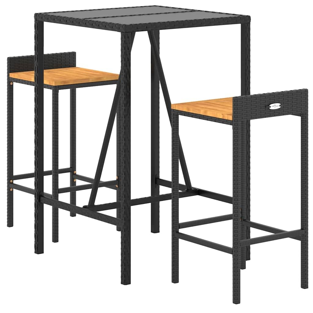 Tavolo da bar e sgabelli da giardino, 3 pezzi, in legno di acacia, rattan PE, nero | Vetro temperato, struttura in acciaio, poggiapiedi integrato, resistente alle intemperie, facile da pulire