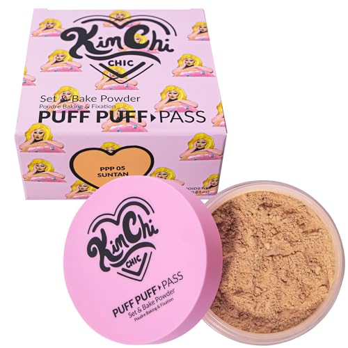 KimChiChic Beauty Puff Puff Pass Set and Bake Setting Powder for Makeup, Extra Fluffy Loose Face Powder Poof, Soft Natural Face Makeup for Uneven Skin Tone, 05 Suntan