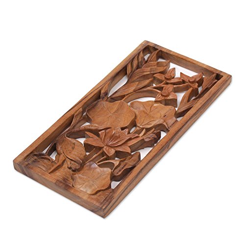 Novica Natural Wood Carved Relief Panel Heron And Flower Wall Sculpture, Heron Pond', Brown #TOP2