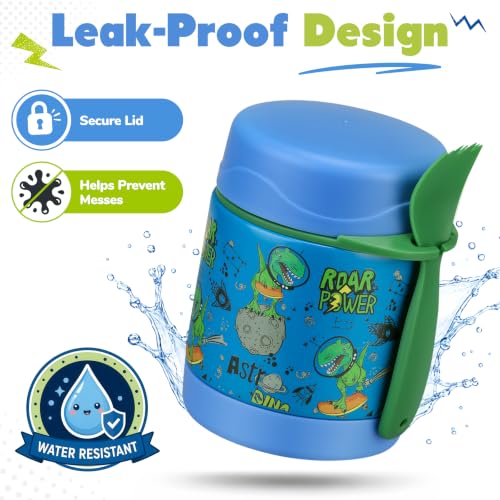 Image of Howeemo 10oz Soup Thermo for Hot Food Kids, Leak Proof Stainless Steel Wide Mouth Lunch Food Jar with Spoon, Dinosaur Blue
