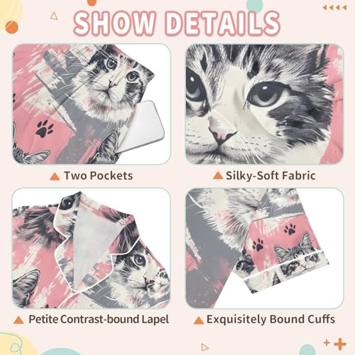 senya Hand Painted Cat Satin Summer Pajama Sets Silk Short Sleeve Button Down Sleepwear3