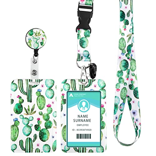 DUOUPA Funda para tarjetas de identificación con llavero extensible, mosquetón, correa para el cuello para llaves, tarjetero, soporte para tarjeta de identificación, tarjeta de acceso(cactus) Cover