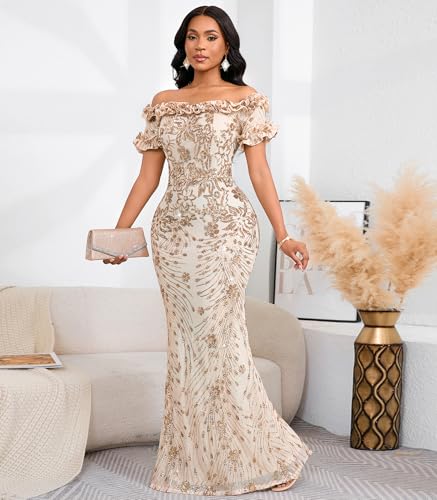 Image of dasmzper Women Sexy Sequin Off Shoulder Ruffle Short Sleeve Bodycon Mermaid Party Formal Evening Maxi Dress