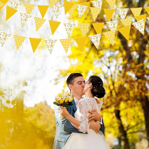 Image of 44Ft Daisy Party Decoration Yellow Buffalo Plaid Floral Daisy Banner Bunting Hanging Paper Triangle Garland for Spring Birthday Wedding Bridal Shower Engagement Bachelorette Baby Shower Party Supplies