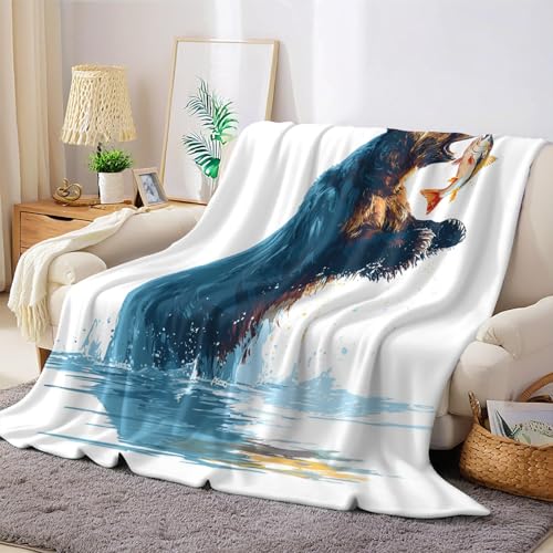 Aquarell Wohndecke Warm Flauschige Kuscheldecke Tierbär & Lachs 70 x 100 cm Weiche Flanelldecke 3D Druck Fleecedecke Sofadecke Couchdecke Bettüberwurf für Zuhause