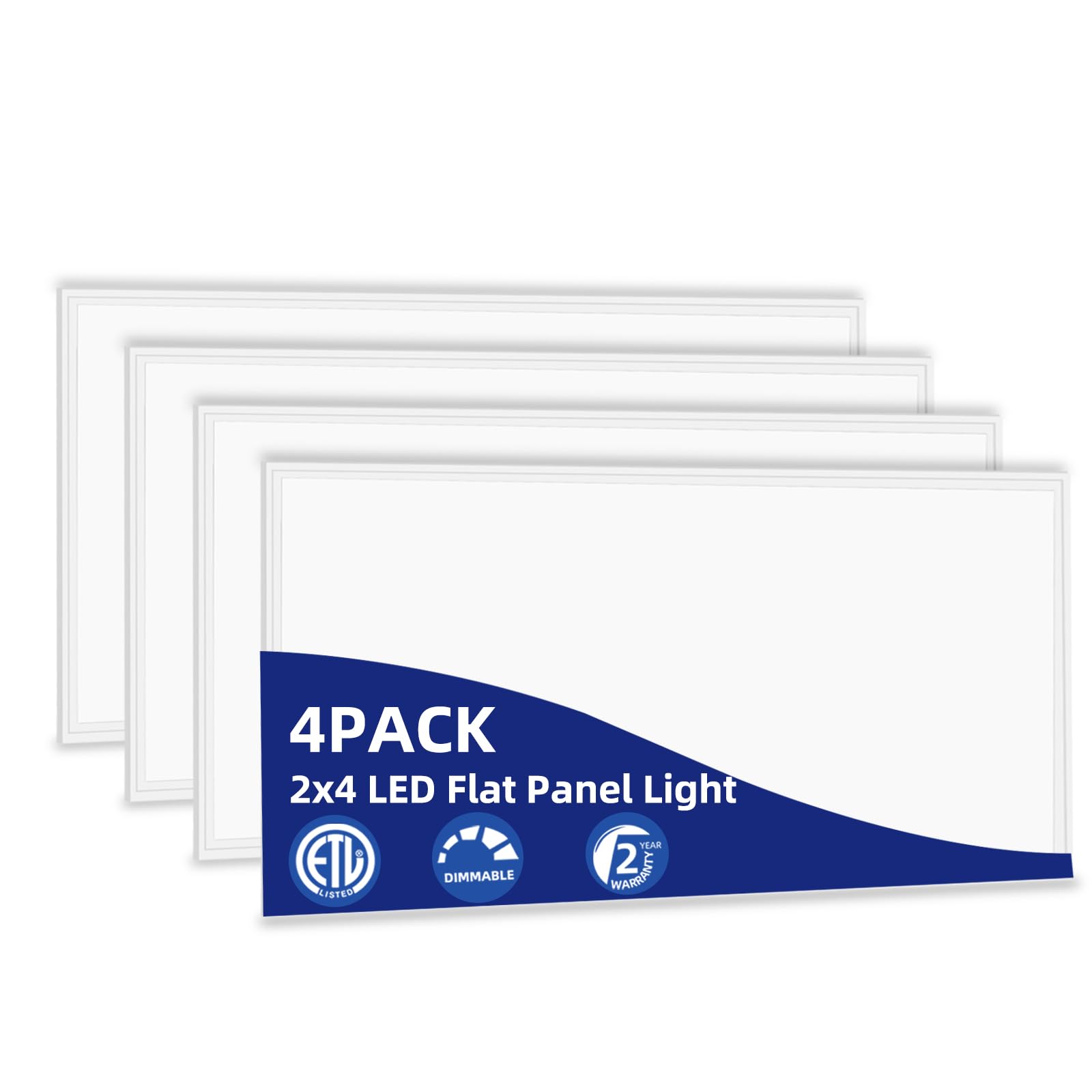 2x4 LED Flat Panel Light Drop Ceiling Lights, 7800 Lumens, 5000K Daylight White Recessed Edge-Lit LED Flush Mount Ceiling Light for Office Kitchen, 0-10V Dimmable, ETL Listed (4- Pack)