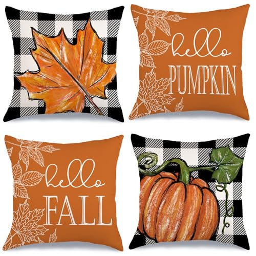VORA Juego de 4 fundas de almohada de otoño de 18 x 18 pulgadas, fundas de almohada de granja, decoración de otoño, calabazas y bendecidas, decoración de Acción de Gracias, fundas de almohada lavables