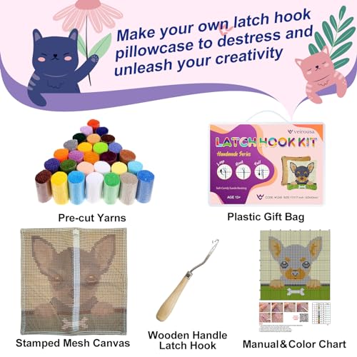 Image of veirousa Chihuahua Puppy Latch Hook Kits for Adults Kids, Beginners DIY Throw Pillow Kit Pre-Printed Mesh Canvas Hook and Latch Rug Kits Cross-Stitch Cushion Cover for Home Sofa Decoration 17x17 in.