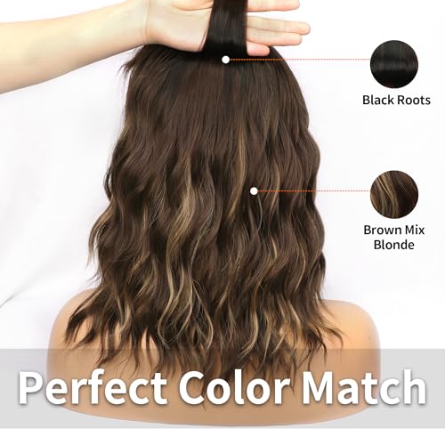 Image of AISI HAIR Synthetic Curly Bob Wig with Bangs Natural Brown with Blonde Highlight Short Wavy Hair for Women Natural Looking Heat Resistant Bob Wigs