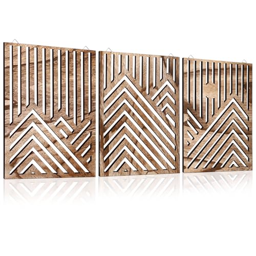 3pcs Wooden Wall Art, Mountains Decor Single Line Minimalist Decor Mountain Wall Art, Abstract Mountain Line Wood Wall Decors Hanging for Living Room Bedroom Bathroom Home Decors (Walnut Brown)