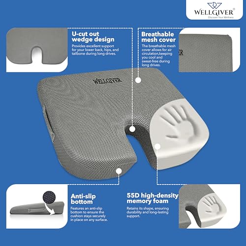 Image of WELLGIVER Memory Foam Car Seat Cushion for Driving - Orthopedic Seat Cushion for Car & Office Chair, Tailbone & Sciatica Pain Relief, Ergonomic Coccyx Support Pillow with Breathable Cover