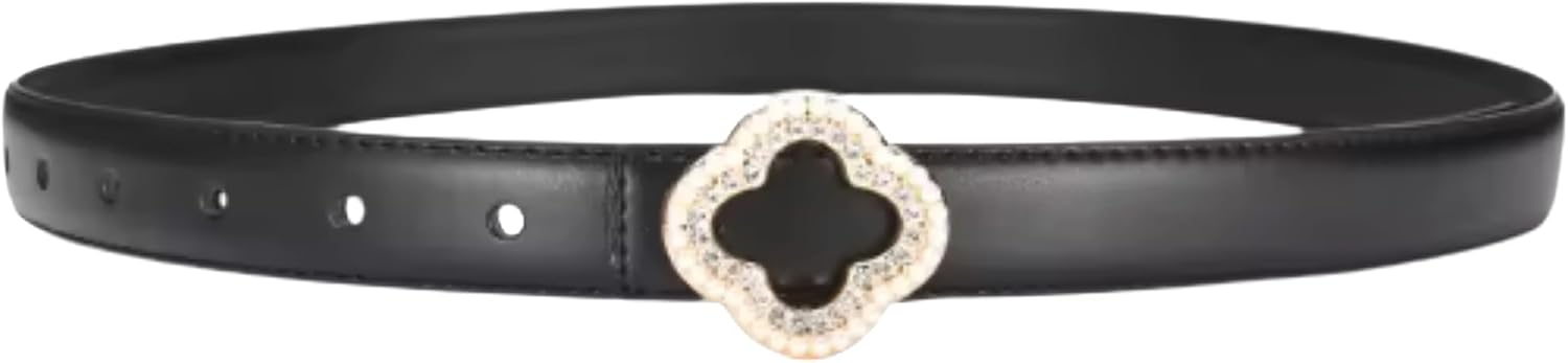 Premium Leather Belt Women with Crystal Clover Buckle 100% Cowhide Leather