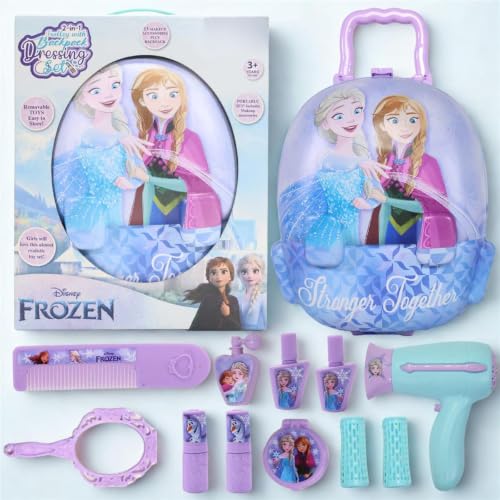 Image of Frozen 2-in-1 Backpack & Trolley Dressing Gift Set for Kids - 13 Pcs Pretend Play Makeup Kit with Electronic Dryer, Portable Beauty Vanity Suitcase for Girls Aged 3+ Years (Turkish Blue)
