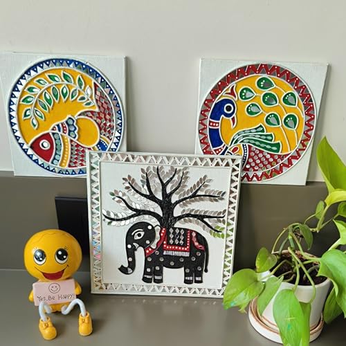 Image of HobbyNest DIY Lippan Art Kit - Madhubani Folk Art | 3 Pre-Outlined Canvas Boards | Complete Craft Kit | Indian Art Hobby Kit | Wall Decor | Gift (Madhubani Set)