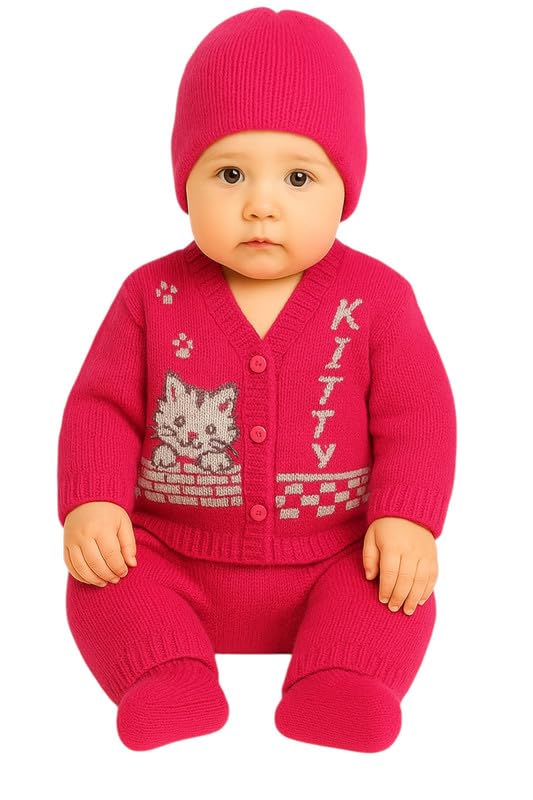 Baby Unisex New Born Baby Boys Girls Soft Comfortable Trendy Woolen V-Neck Cardigan Sweater Set with Payjami, Cap and Pair of Booties for Toddlers-image-3