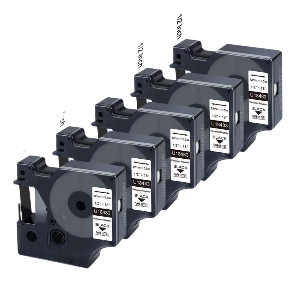 18483 Nastro per etichette permanente in poliestere da 12 mm nero su bianco compatibile con stampante 4200 5200 5000 6000 confezione da 3 a 10(5PK)