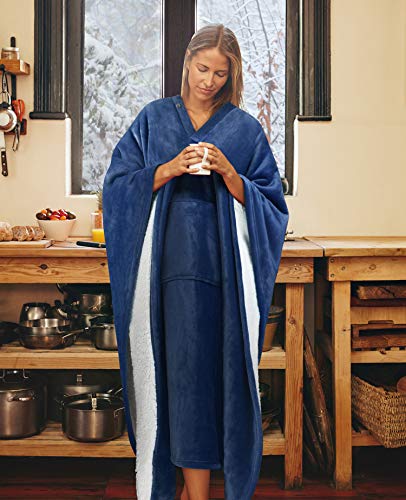 Catalonia Sherpa Wearable Blanket Poncho For Adult Women Men, Wrap Blanket Cape With Pocket, Warm, Soft, Cozy, Snuggly, Comfort Gift, No Sleeves, Navy #TOP7