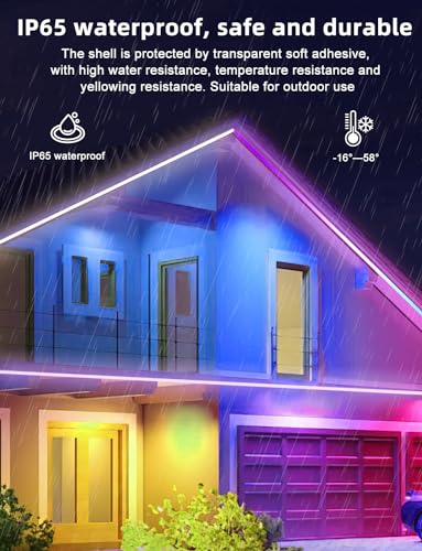 Image of 100 FT outdoor LED strip lights (2 rolls of 50 FT), IP65 waterproof, music synchronization RGB LED light, with 44 key remote control and application, used for outdoor, balcony, and roof decoration