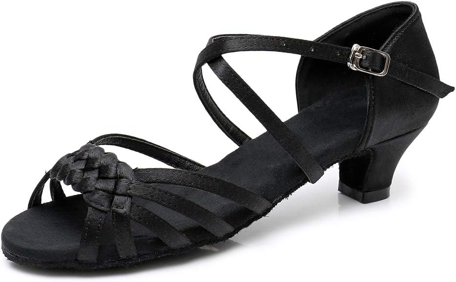 YKXLM Girls Latin Dance Shoes Kids Low Heels Tango Salsa Ballroom Practice Dance Shoes, 1208,Black, 2 M Little Kid