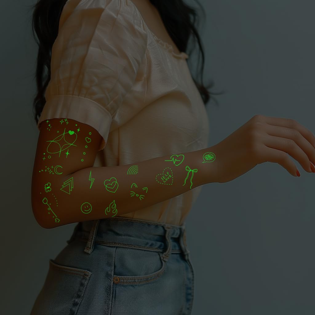 Glow-in-the-Dark Temporary Tattoos for Women Luminous Minimalistic Small Finger Tattoos Tiny Boho Decorations Fine Line Art Fake Tattoo Stickers Kit for Kids and Women - Image 4