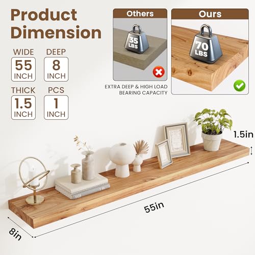 Image of Acovy Extra Deep 55 inch Long Rustic Solid Wood Floating Shelves for Wall, Wall Shelves with Invisible Bracket for Living Room Bathroom Bedroom Kitchen, Set of 1, Natural