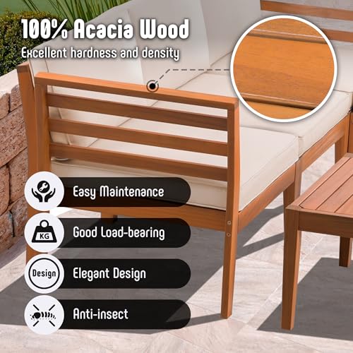 Image of Werph 5-Piece Outdoor Sectional Sofa Set with Acacia Wood Coffee Table | L-Shaped Patio Couch with All-Weather Cushions for Backyard, Deck, Lawn - Beige
