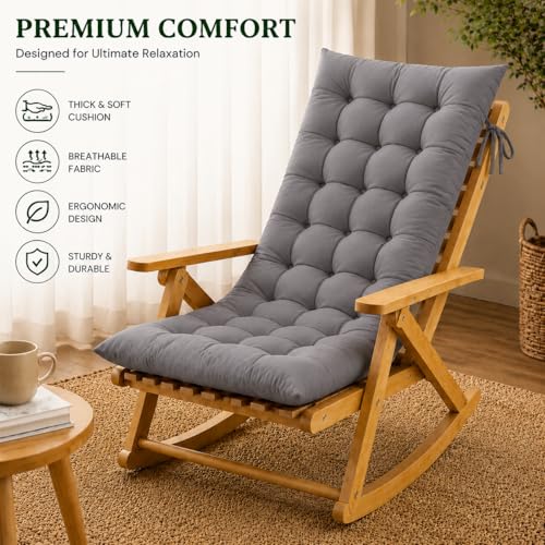 Image of KYNE Grey Rocking Chair Cushion 18 x 50 Inch Thick Tufted Chair Cushion with Backrest and Seat Pad Soft Premium Fabric Polyester Filling Non Slip Indoor Outdoor Rocking Chair Cushion