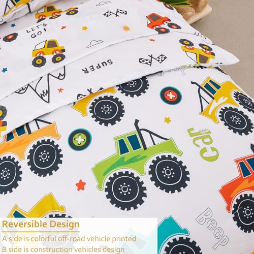 Image of PERFEMET Toddler Bedding Set 4 Pieces Bed Set for Boys All Seasons 1 Deep Pocket Sheet and 1 Lightweight Comforter Soft Cute Colorful Pattern Cozy Children Bedroom Cars White