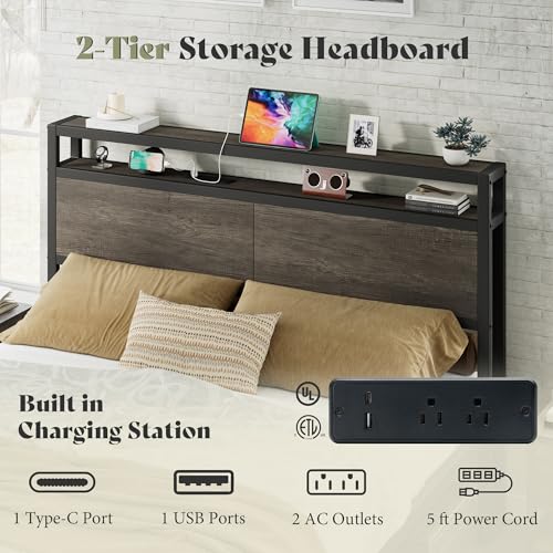 Image of AMERLIFE Full Size Bed Frame with Storage Headboard & Charging Station, Industrial Metal Platform Bed with Large Under-Bed Storage, Heavy Duty Slats, No Box Spring Needed, Rustic Grey