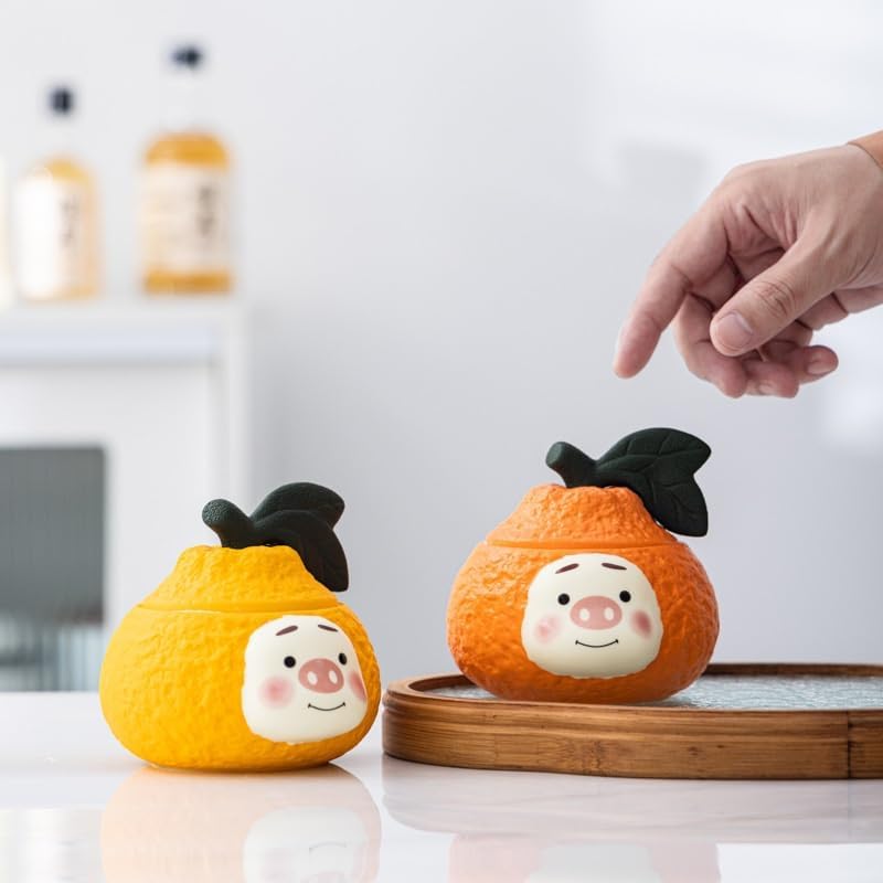 SONGCHAO Sugar Jar Crayon Pig Lucky Tea Can Chinese Ceramic Small Sealed Pu'er Black and Green Tea Canister(B)