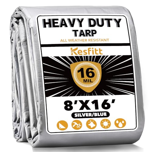 Kesfitt 16 Mil Heavy Duty Waterproof Tarp with Metal Grommets 8x16 ft Silver & Blue Reversible Poly Tarp for Outdoor Protection Yard Worksite Equipment Veicles Pools Coverage