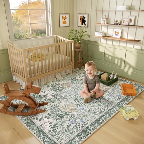 Image of Botanical Floral Area Rug 5x7 Light Green Cream Vintage Garden Design, Perfect for Living Room, Bedroom, Kids Room, Nursery - Stain & Water Resistant Non-Slip, Pet & Child Friendly Area Rugs