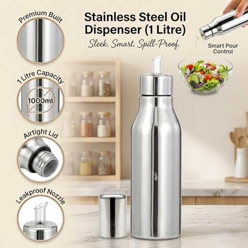 Image of SIGNAMIO Oil Dispenser for Kitchen Stainless Steel 1 Litre | Stainless Steel Oil Bottle with Easy Pour Spout | Oil Dispenser for Kitchen Steel | Steel Oil Container for Cooking Oil & Vinegar