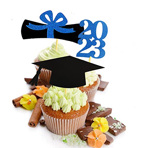 Yubobo 2023 Graduation Cupcake Toppers, 48 Pcs Food/Appetizer Picks For Graduation Party Mini Cake Decorations, Diploma, 2023, Grad Cap Set 48 Pieces (Blue 2) #TOP1