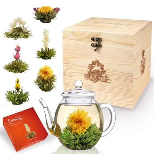 Creano Teeblumen-Mix Geschenkset mit 500ml Teekanne in edler Holzbox...