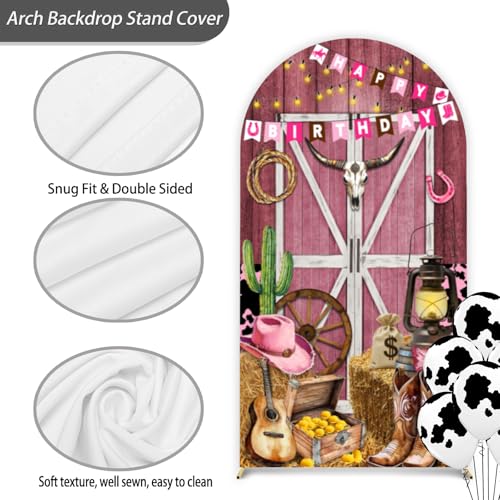 Western Cowgirl Arch Backdrop Cover 7.2FT Wild West Rustic Wooden House Pink Cowgirl Party Spandex Arch Cover Backdrop Fabric 2-Sided Round Top Stretchy Backdrops Stand Covers for Western Party by Wsotce - Used condition - Image 2