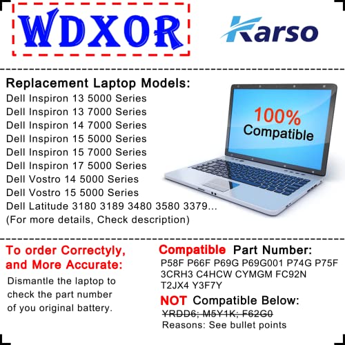 Wdx0R Wdxor Replacement Laptop Battery For Dell Inspiron 13/15/17-5000/7000 Series: 5368 5378 5379 5565 5567 5568 5570 5578 5775 7378 7569 7579 Latitude 3490 Vostro 5468 P58F P75F P69G 42Wh/11.4V+Tool #TOP1