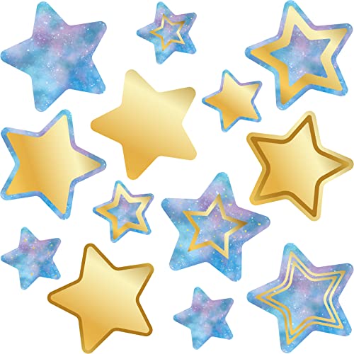 72 Pieces Galaxy Star Cutouts Gold Star Accents Name Tag Labels Paper Classroom Bulletin Board Decoration with Glue Points for Preschool Locker Wall Door Back to School Supplies(5.9 inch, 4 inch)