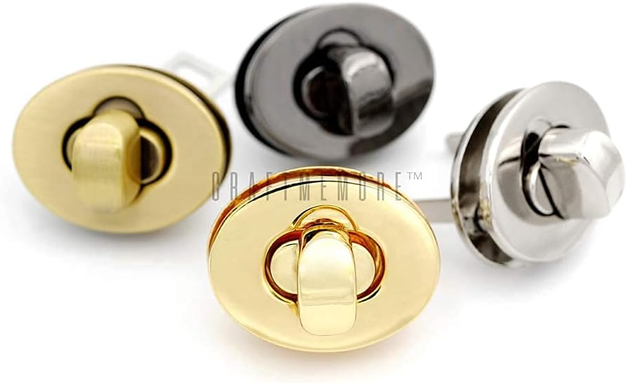 CRAFTMEMORE 2pcs Oval Twist Turn Locks Purse Closure Leathercraft Accessory Turn Lock Clasp (Medium 28x22 mm, Brushed Brass)