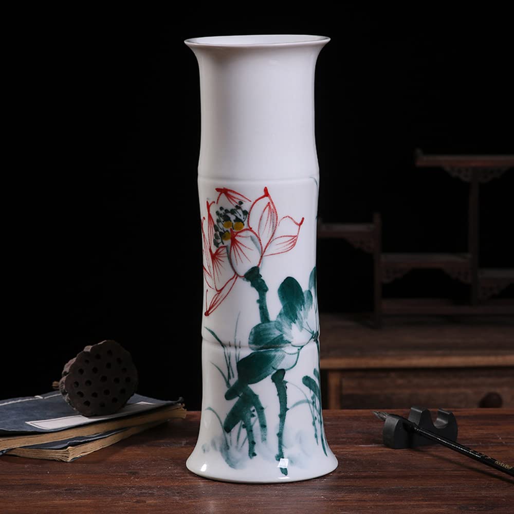 asdchZen Jingdezhen Hand-Painted Chinoiserie Wealthy Bamboo Ceramic Vase Flower Arrangement Decoration Living Room Straight Tube Hydroponic Flower Arrangement,C
