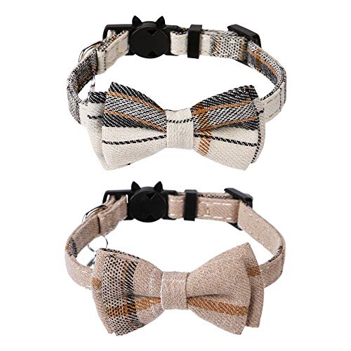 Faleela Breakaway Cat Collar with Bells - 2 Pack Cat Collar with Bells, Cat Collars with Bandana, Accessories for Pet Collars, Adjustable for Cats and Small Dogs (Beige+Brown)