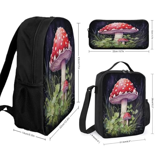 Mushrooms in The Grass 3pcs Lightweight Travel Backpack Printed Backpack With Lunch Pack Storage Box Case2