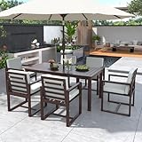 Merax Outdoor Patio Dining Table Set, 7-Piece Outdoor Dining Table Sets with Umbrella Hole Cut-Out Table and 6 Chairs with Removable Cushion, Acacia Wood Dining Sets Outdoor Furniture Set, Dark Brown